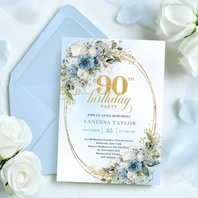 Graceful Bohemian Blue White Floral 90th Birthday Invitation (Graceful Bohemian Blue White Floral 90th Birthday)