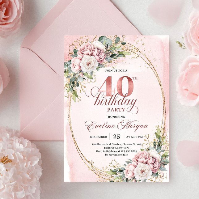 Graceful Bohemian Blush Floral Gold 40th Birthday Invitation (Graceful Bohemian Blush Floral 40th Birthday Invitation)