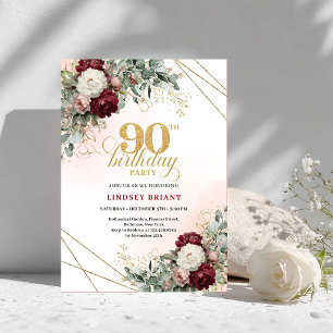 Graceful Boho Burgundy Peonies Gold 90th Birthday Invitation