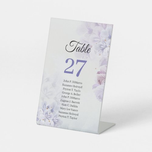 Graceful boho spring purple flowers table number pedestal sign