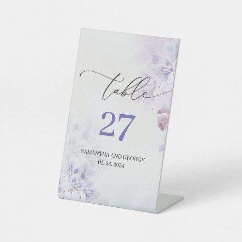 Graceful boho spring purple flowers table number  pedestal sign