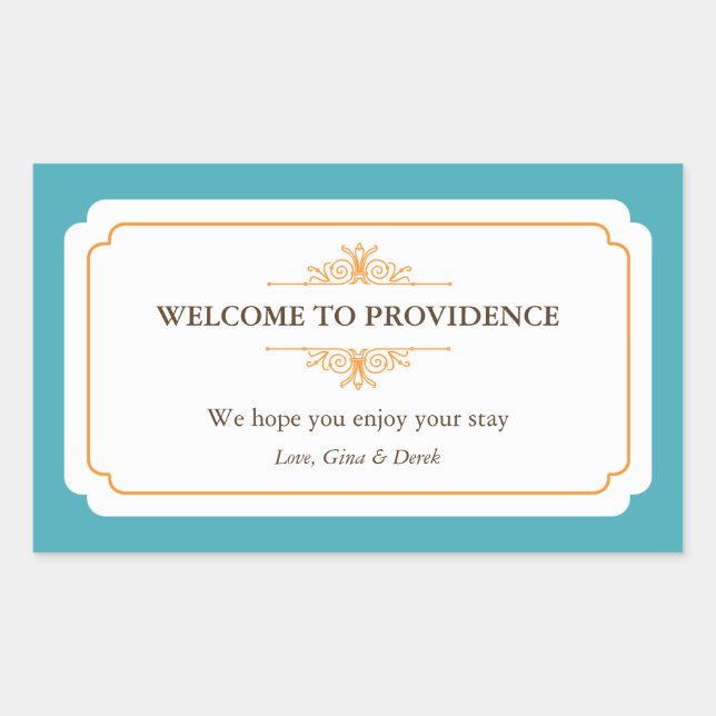 Graceful border orange blue out of town gift bag rectangular sticker (Front)