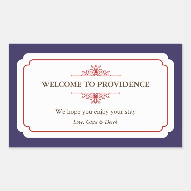 Graceful border red navy blue out of town gift bag rectangular sticker (Front)