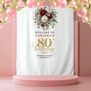 Graceful Burgundy 80th Birthday Banner Tapestry