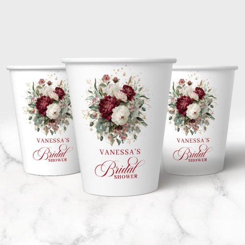 Graceful Burgundy Floral Bridal Shower Paper Cups