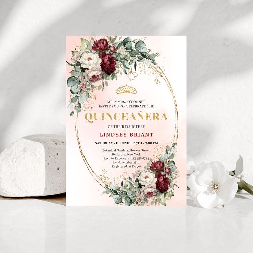 Graceful Burgundy Peonies Eucalyptus Quince Invite