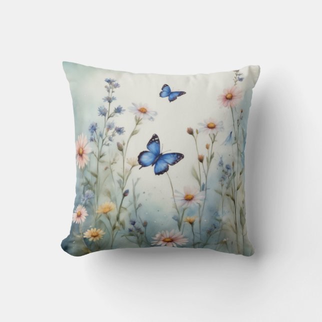 Graceful Butterflies Meadow Wildflower Watercolor Throw Pillow (Front)