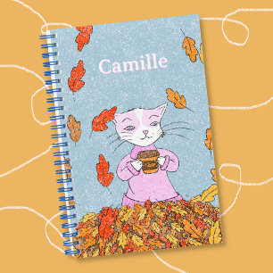 Graceful Cat and Autumn Leaves Kid Spiral Notebook