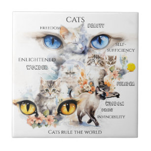 Graceful Cats Watercolor Art Typography Ceramic Tile