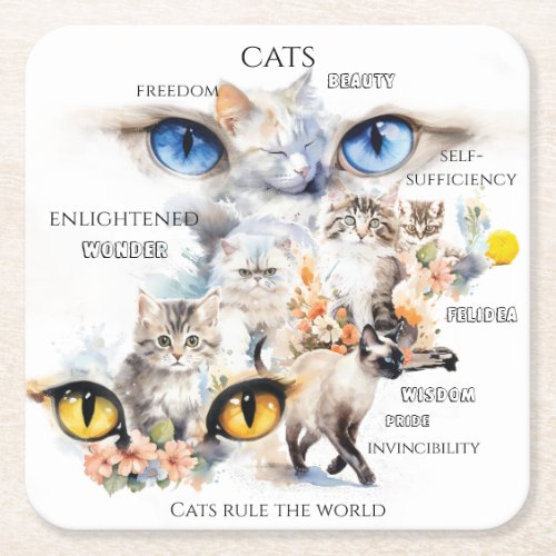Graceful Cats Watercolor Art Typography Square Paper Coaster