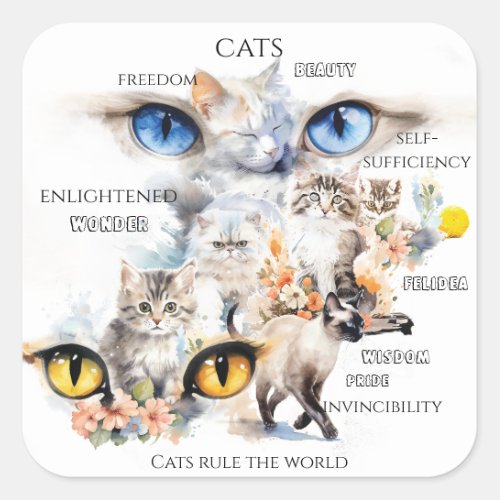 Graceful Cats Watercolor Art Typography Square Sticker