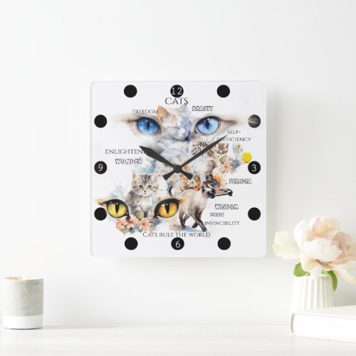 Graceful Cats Watercolor Art Typography Square Wall Clock