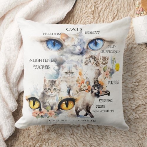Graceful Cats Watercolor Art Typography Throw Pillow