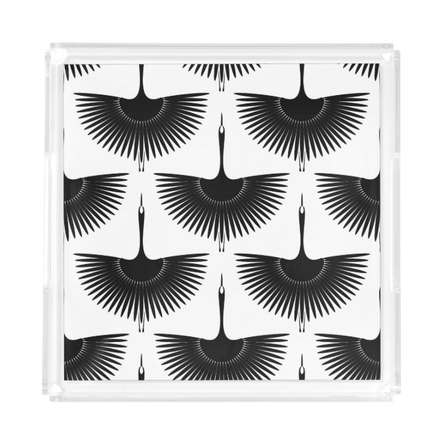 Graceful Crane: Oriental Bird Pattern Acrylic Tray (Front)