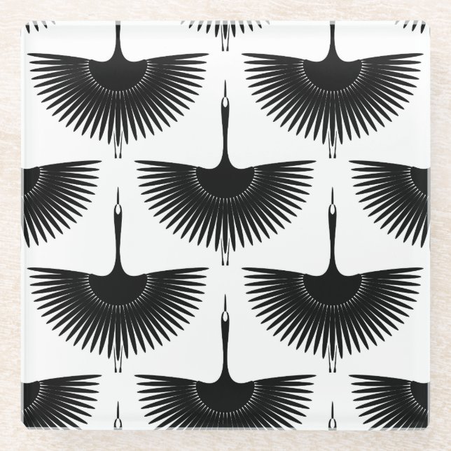 Graceful Crane: Oriental Bird Pattern Glass Coaster (Front)