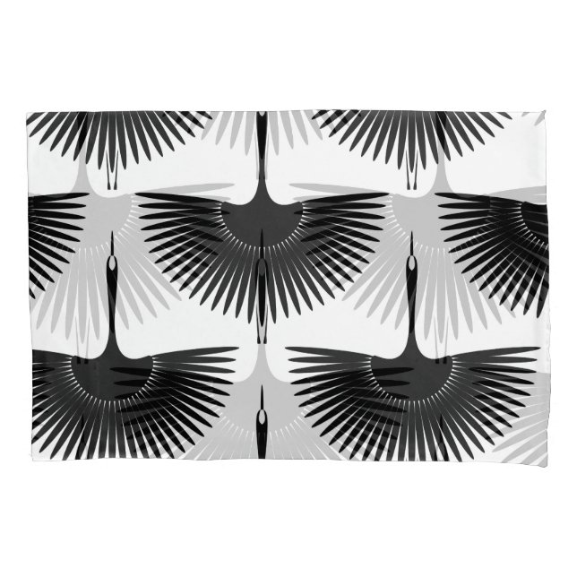 Graceful Crane: Oriental Bird Pattern Pillow Case (Front)