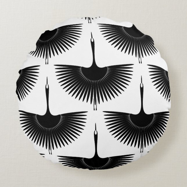 Graceful Crane: Oriental Bird Pattern Round Pillow (Front)