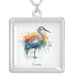 Graceful Crane: Watercolor Art Silver Plated Necklace