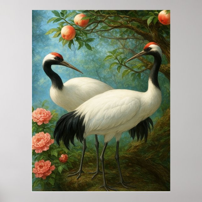 Graceful Cranes in a Peach Blossom Garden Poster (Front)
