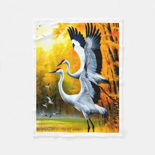 Graceful Cranes in Autumn Forest Fleece Blanket