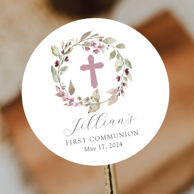 Graceful Cross First Communion Classic Round Sticker (Creator Uploaded)