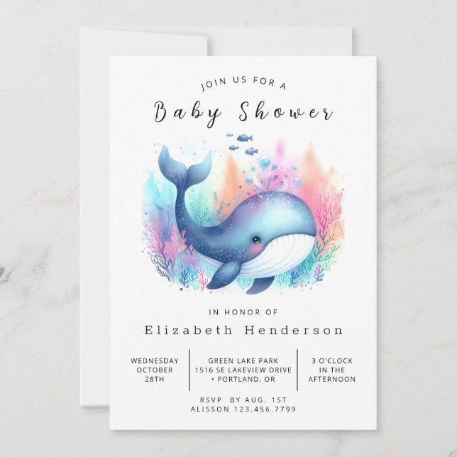 Graceful Custom Whale Baby Shower Invitation (Front)