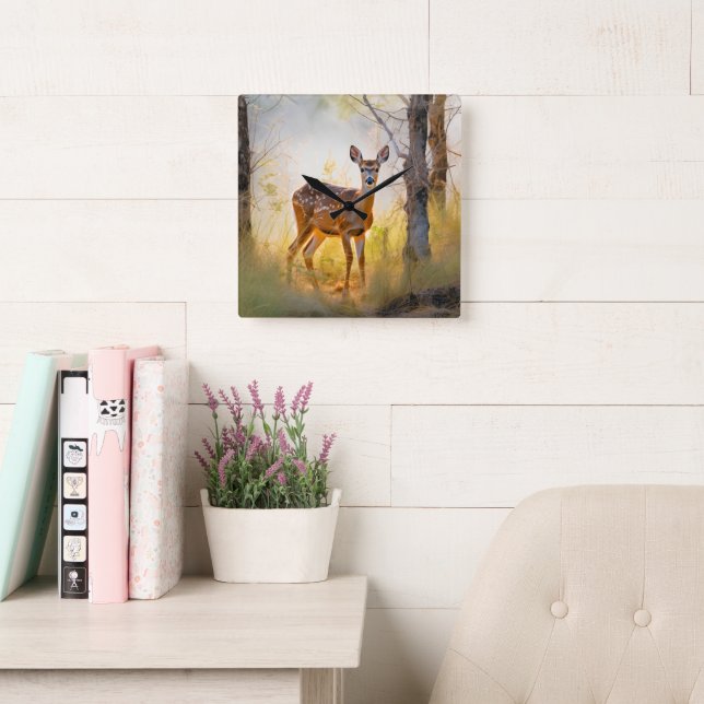Graceful Deer in the Forest Nature Design Square Wall Clock (Reading Room)