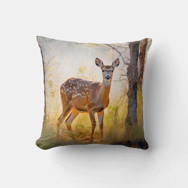 Graceful Deer in the Forest Nature Design Throw Pillow (Front)