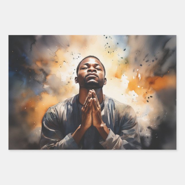 Graceful Devotion: A Black Man in Prayer Wrapping Paper Sheets (Front)