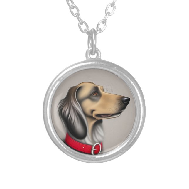 Graceful Dog With Red Collar Posed Sideways Silver Plated Necklace (Front)