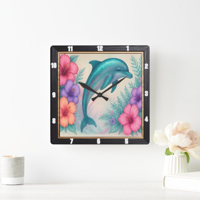 Graceful Dolphin Floral Art  Square Wall Clock (Home)