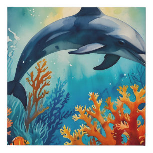Graceful Dolphin in Coral Paradise Faux Canvas Print