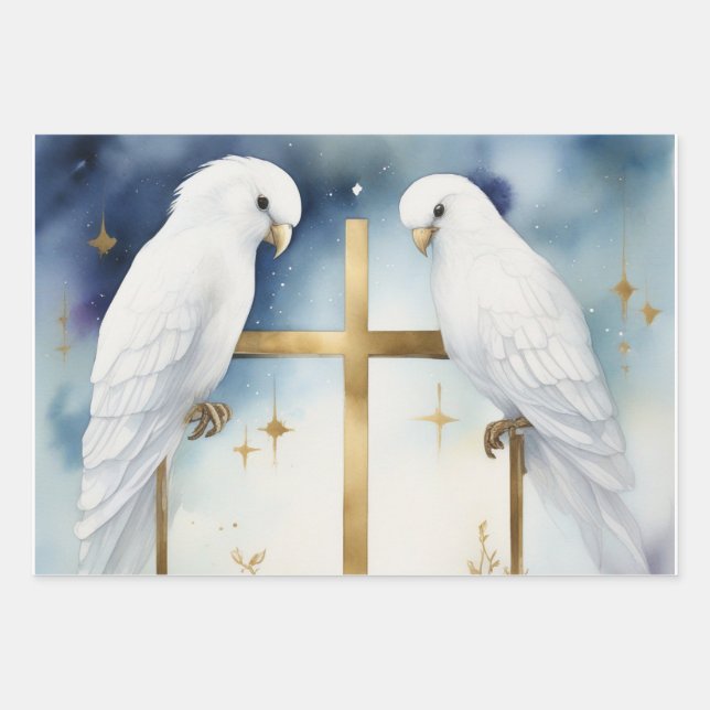 Graceful Dove & Cross Pattern Wrapping Paper Sheets (Front)