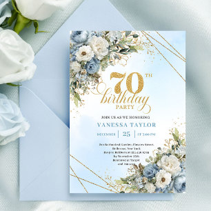 Graceful dusty blue eucalyptus gold 70th birthday  invitation