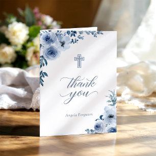 Graceful Dusty Blue Floral Baptism Christening Letterpress Thank You Card