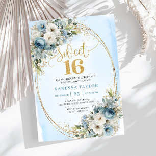 Graceful Dusty Blue Floral Sweet 16th Birthday  Invitation