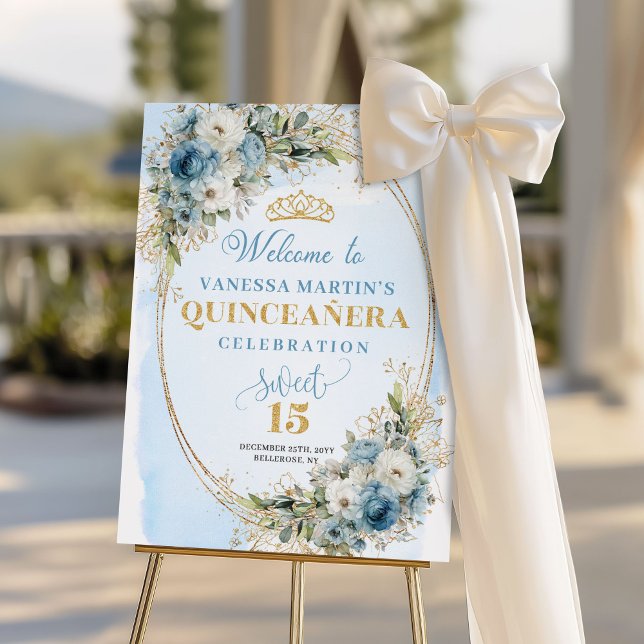 Graceful Dusty Blue Gold Greenery 15th Birthday   Foam Board (Graceful Dusty Blue Gold Greenery 15th Birthday Welcome

)