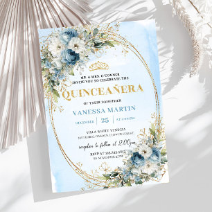 Graceful Dusty Blue Gold Greenery Quinceañera Invitation