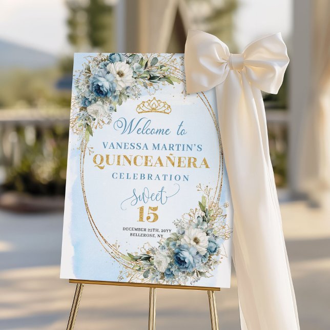 Graceful Dusty Blue Gold Greenery Quinceañera Sign (Graceful Dusty Blue Gold Greenery Quinceañera Welcome)