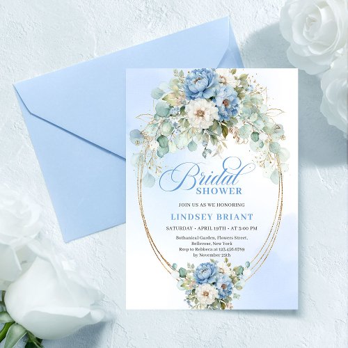 Graceful Dusty Blue Peonies Greenery Bridal Invite