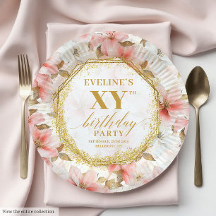 Graceful Dusty Pink Floral Birthday Paper Plates