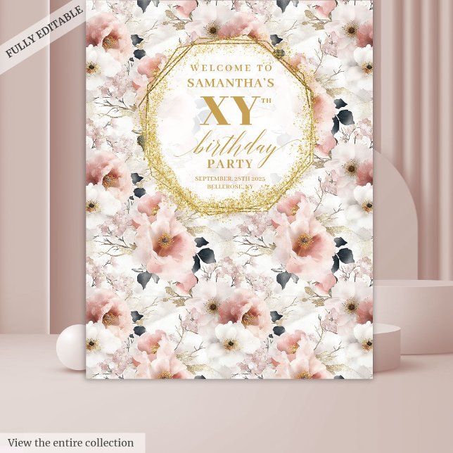 Graceful Dusty Pink Floral Birthday Photo Booth Tapestry (Graceful Dusty Pink Floral Birthday Photo Booth Tapestry)