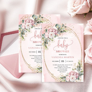 Graceful Dusty Pink Floral Eucalyptus Baby Shower Invitation