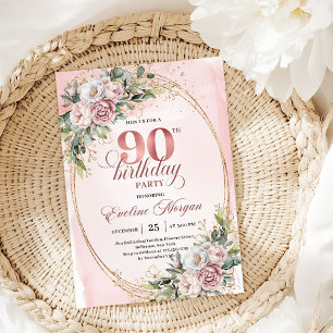 Graceful Dusty Pink Gold Floral 90th Birthday Invitation