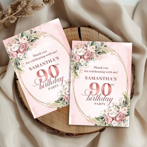 Graceful Dusty Pink Gold Floral 90th Birthday 