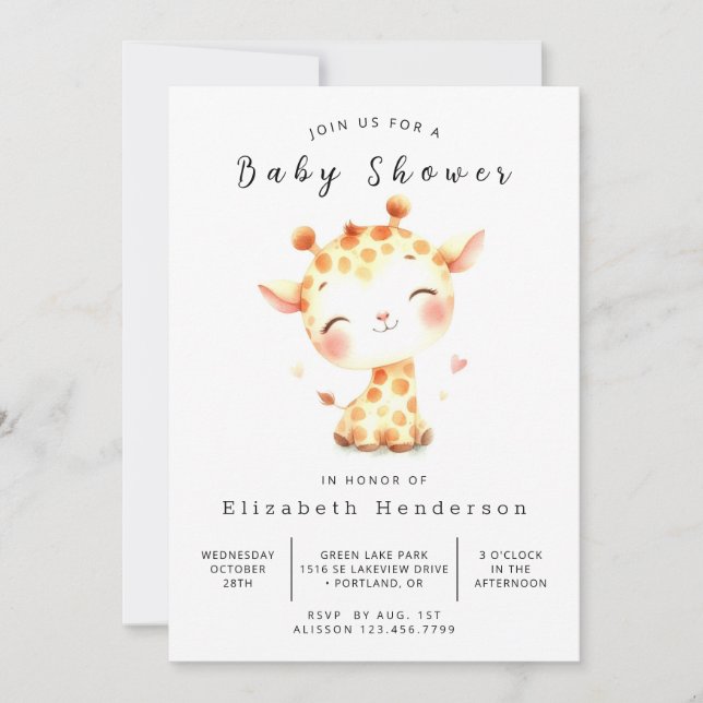 Graceful Editable Giraffe Baby Shower Invitation (Front)