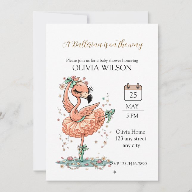 Graceful Flamingo Ballerina in Bloom Invitation (Front)