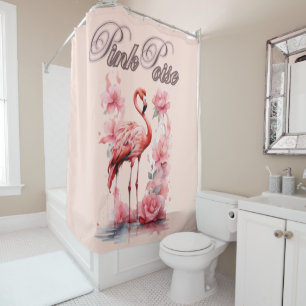 Graceful Flamingo Walk   Pink & Floral Design Shower Curtain