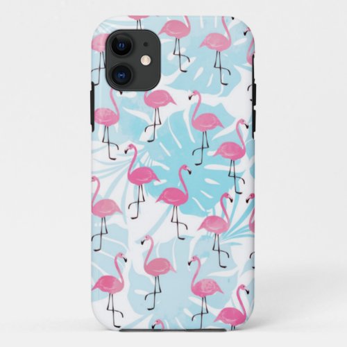 Graceful flamingos and monstera leaves iPhone 11 case