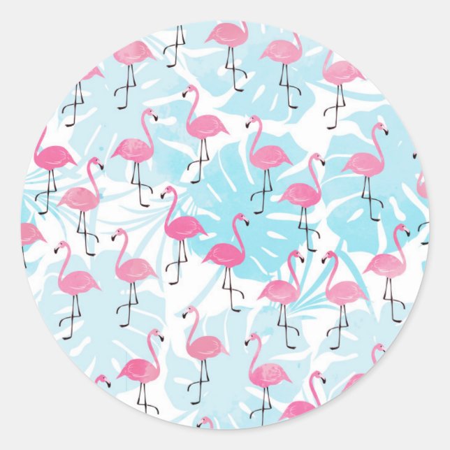 Graceful flamingos and monstera leaves classic round sticker (Front)